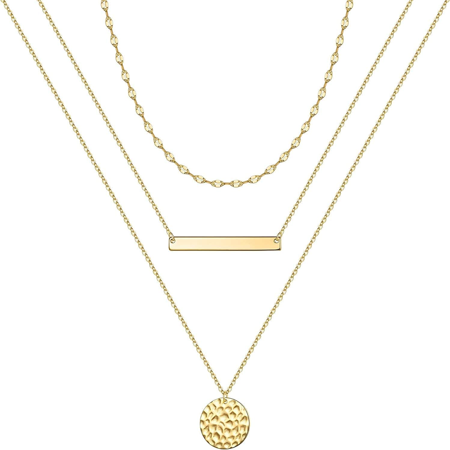 Turandoss Gold Layered Necklaces for Women - 14K Gold Plated Handmade Multilayer Bar Pearls Coin Disc Moon Butterfly Medallion Adjustable Dainty Layered Choker Necklaces for Women Jewelry 3PCS - Link Chain&Bar&Hammered Disc
