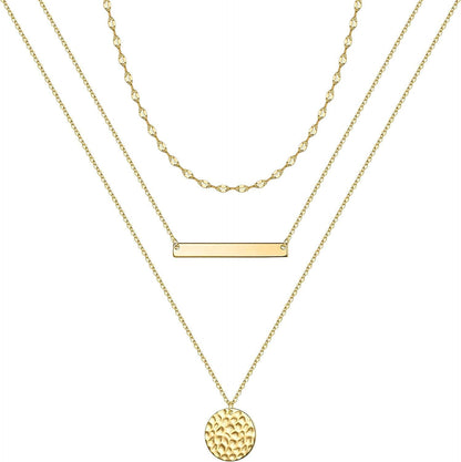 Turandoss Gold Layered Necklaces for Women - 14K Gold Plated Handmade Multilayer Bar Pearls Coin Disc Moon Butterfly Medallion Adjustable Dainty Layered Choker Necklaces for Women Jewelry 3PCS - Link Chain&Bar&Hammered Disc