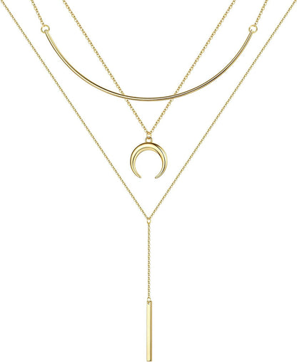 Turandoss Gold Layered Necklaces for Women - 14K Gold Plated Handmade Multilayer Bar Pearls Coin Disc Moon Butterfly Medallion Adjustable Dainty Layered Choker Necklaces for Women Jewelry "3PCS -Gold Chain&Crescent&Bar
