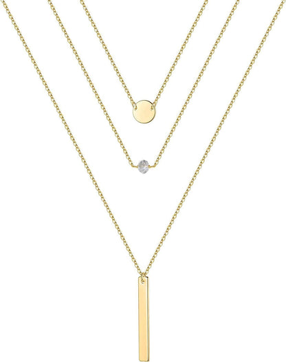 Turandoss Gold Layered Necklaces for Women - 14K Gold Plated Handmade Multilayer Bar Pearls Coin Disc Moon Butterfly Medallion Adjustable Dainty Layered Choker Necklaces for Women Jewelry 3PCS - Disc&CZ&Bar