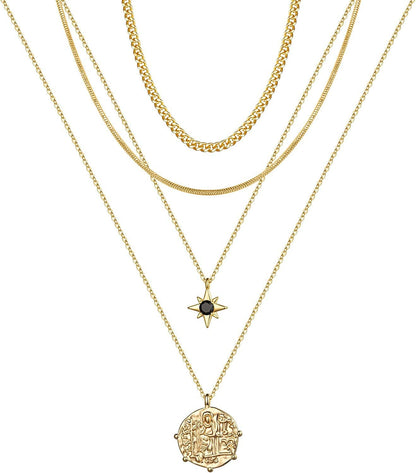 Turandoss Gold Layered Necklaces for Women - 14K Gold Plated Handmade Multilayer Bar Pearls Coin Disc Moon Butterfly Medallion Adjustable Dainty Layered Choker Necklaces for Women Jewelry 4PCS - Chain&Sanke Chain&North Star&Medallion