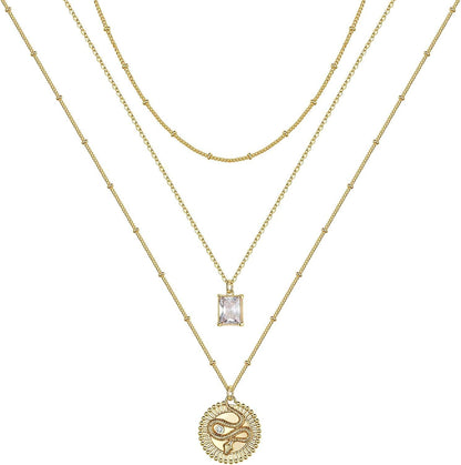 Turandoss Gold Layered Necklaces for Women - 14K Gold Plated Handmade Multilayer Bar Pearls Coin Disc Moon Butterfly Medallion Adjustable Dainty Layered Choker Necklaces for Women Jewelry 3 Layered Necklace - Chain&CZ&Snake Medallion
