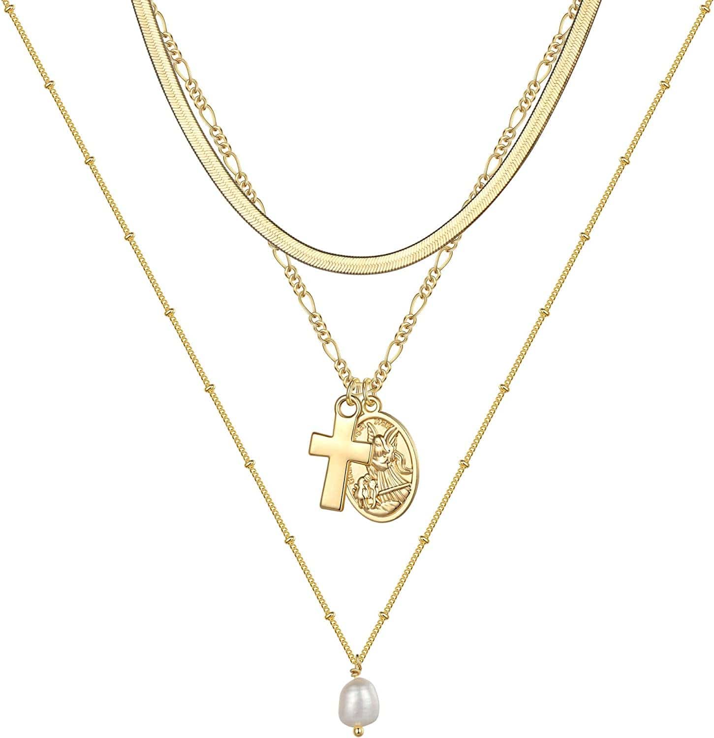 Turandoss Gold Layered Necklaces for Women - 14K Gold Plated Handmade Multilayer Bar Pearls Coin Disc Moon Butterfly Medallion Adjustable Dainty Layered Choker Necklaces for Women Jewelry 3PCS - Snake Chain&Cross Medallion&Pearl