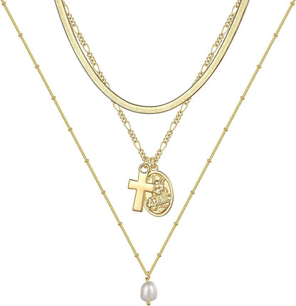Turandoss Gold Layered Necklaces for Women - 14K Gold Plated Handmade Multilayer Bar Pearls Coin Disc Moon Butterfly Medallion Adjustable Dainty Layered Choker Necklaces for Women Jewelry 3PCS - Snake Chain&Cross Medallion&Pearl