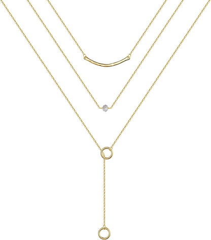 Turandoss Gold Layered Necklaces for Women - 14K Gold Plated Handmade Multilayer Bar Pearls Coin Disc Moon Butterfly Medallion Adjustable Dainty Layered Choker Necklaces for Women Jewelry 3PCS - Curved Bar&CZ&Circle Lariat