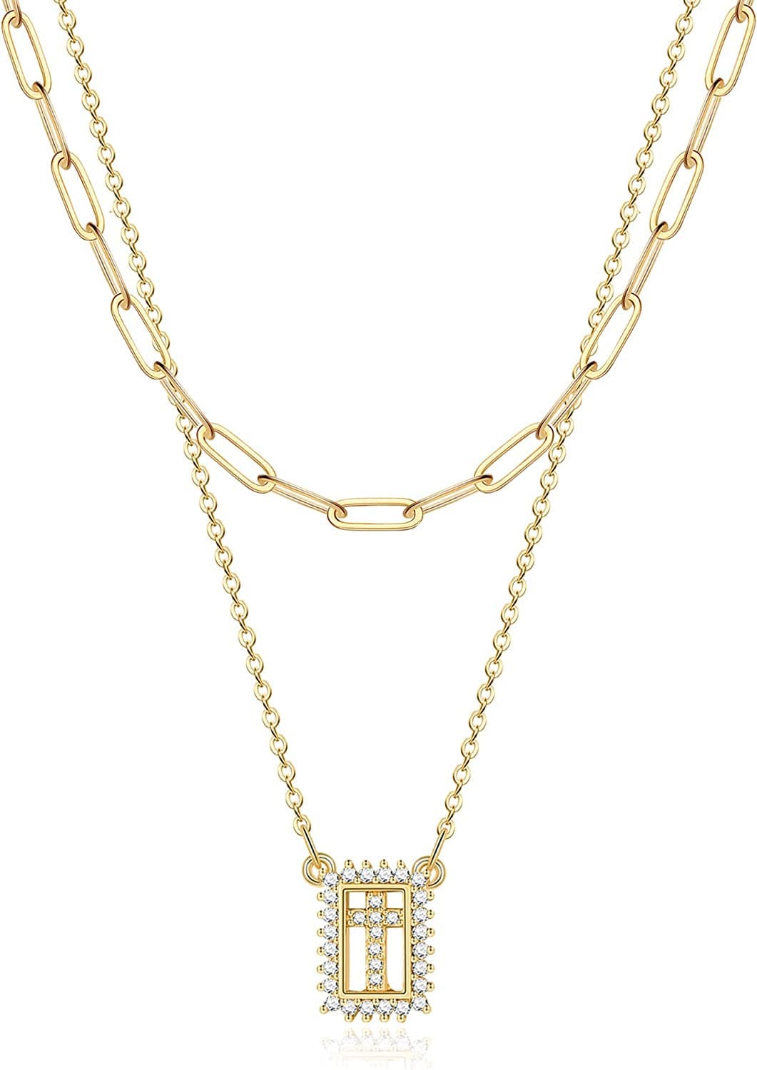 Turandoss Gold Layered Necklaces for Women - 14K Gold Plated Handmade Multilayer Bar Pearls Coin Disc Moon Butterfly Medallion Adjustable Dainty Layered Choker Necklaces for Women Jewelry 2PCS - Link Chain&Cubic Zirconia Cross