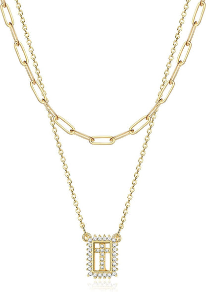 Turandoss Gold Layered Necklaces for Women - 14K Gold Plated Handmade Multilayer Bar Pearls Coin Disc Moon Butterfly Medallion Adjustable Dainty Layered Choker Necklaces for Women Jewelry 2PCS - Link Chain&Cubic Zirconia Cross