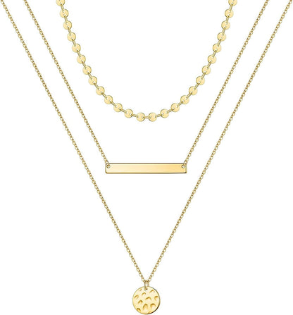 Turandoss Gold Layered Necklaces for Women - 14K Gold Plated Handmade Multilayer Bar Pearls Coin Disc Moon Butterfly Medallion Adjustable Dainty Layered Choker Necklaces for Women Jewelry 3PCS - Coin&Bar&Hammered Disc