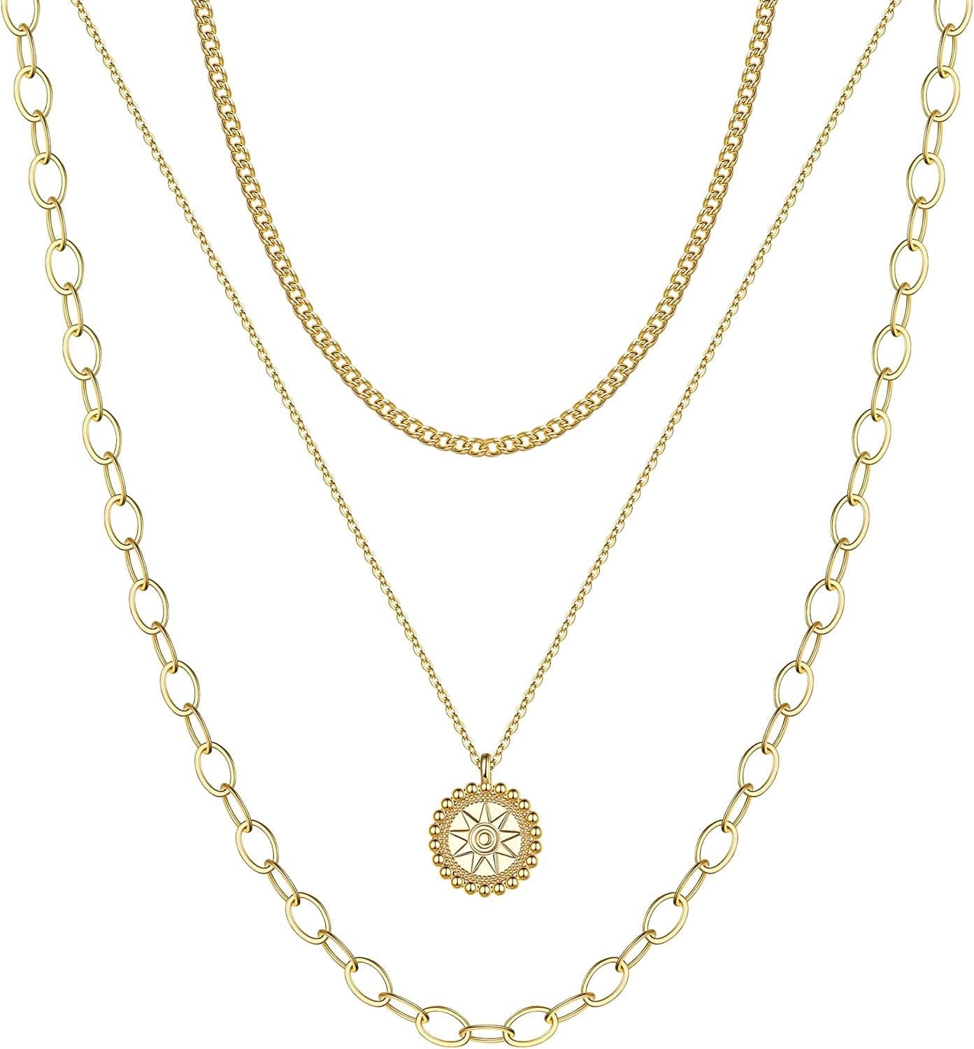 Turandoss Gold Layered Necklaces for Women - 14K Gold Plated Handmade Multilayer Bar Pearls Coin Disc Moon Butterfly Medallion Adjustable Dainty Layered Choker Necklaces for Women Jewelry 3 Layered Necklace - Rope Chain&Sun Medallion&Long Chain