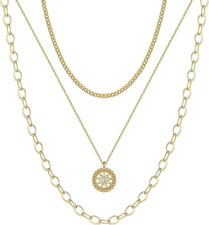 Turandoss Gold Layered Necklaces for Women - 14K Gold Plated Handmade Multilayer Bar Pearls Coin Disc Moon Butterfly Medallion Adjustable Dainty Layered Choker Necklaces for Women Jewelry 3 Layered Necklace - Rope Chain&Sun Medallion&Long Chain
