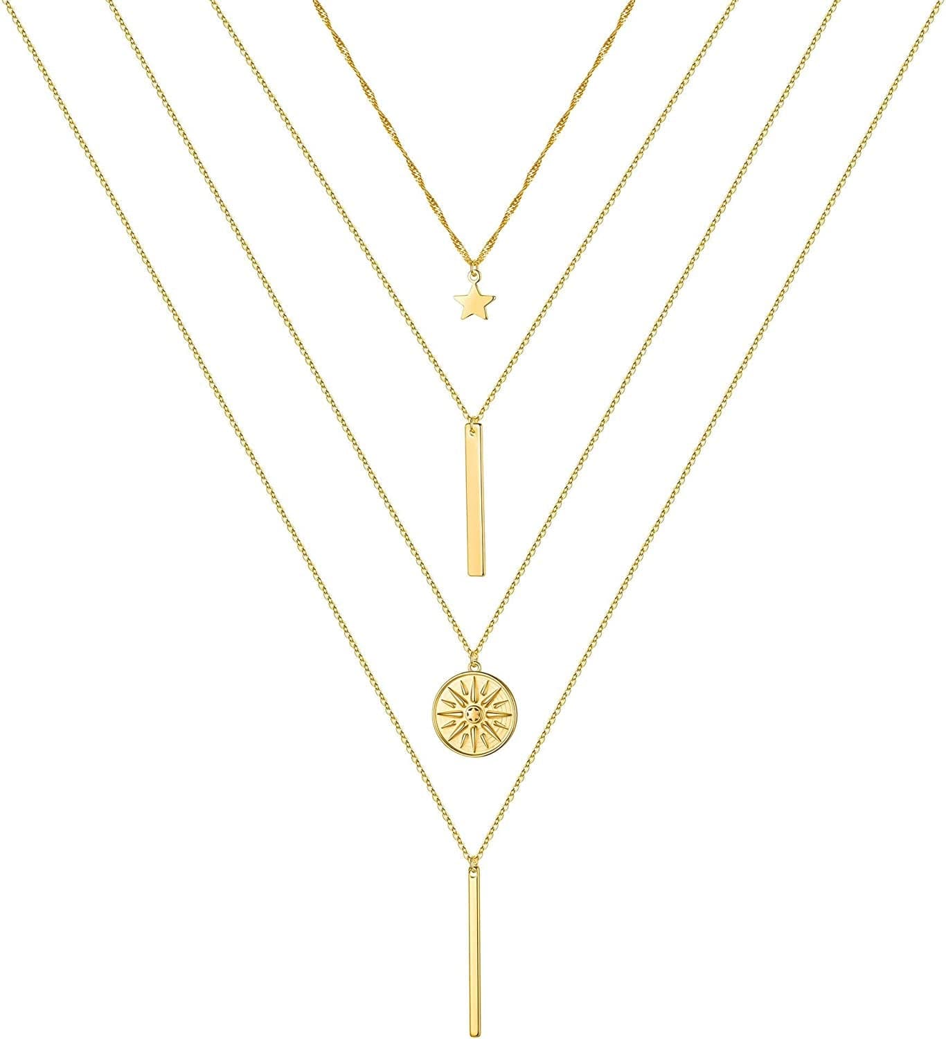 Turandoss Gold Layered Necklaces for Women - 14K Gold Plated Handmade Multilayer Bar Pearls Coin Disc Moon Butterfly Medallion Adjustable Dainty Layered Choker Necklaces for Women Jewelry 4PCS - Star&Bar&Sun&Bar