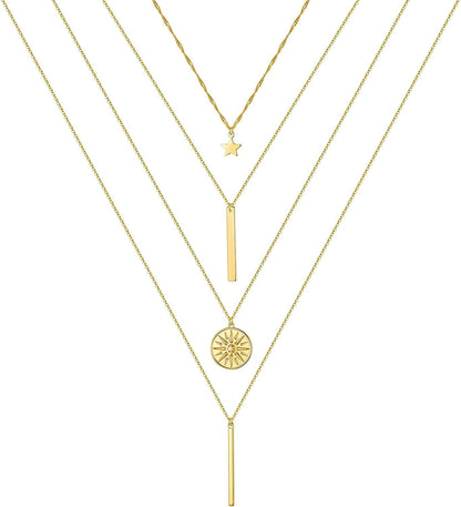 Turandoss Gold Layered Necklaces for Women - 14K Gold Plated Handmade Multilayer Bar Pearls Coin Disc Moon Butterfly Medallion Adjustable Dainty Layered Choker Necklaces for Women Jewelry 4PCS - Star&Bar&Sun&Bar