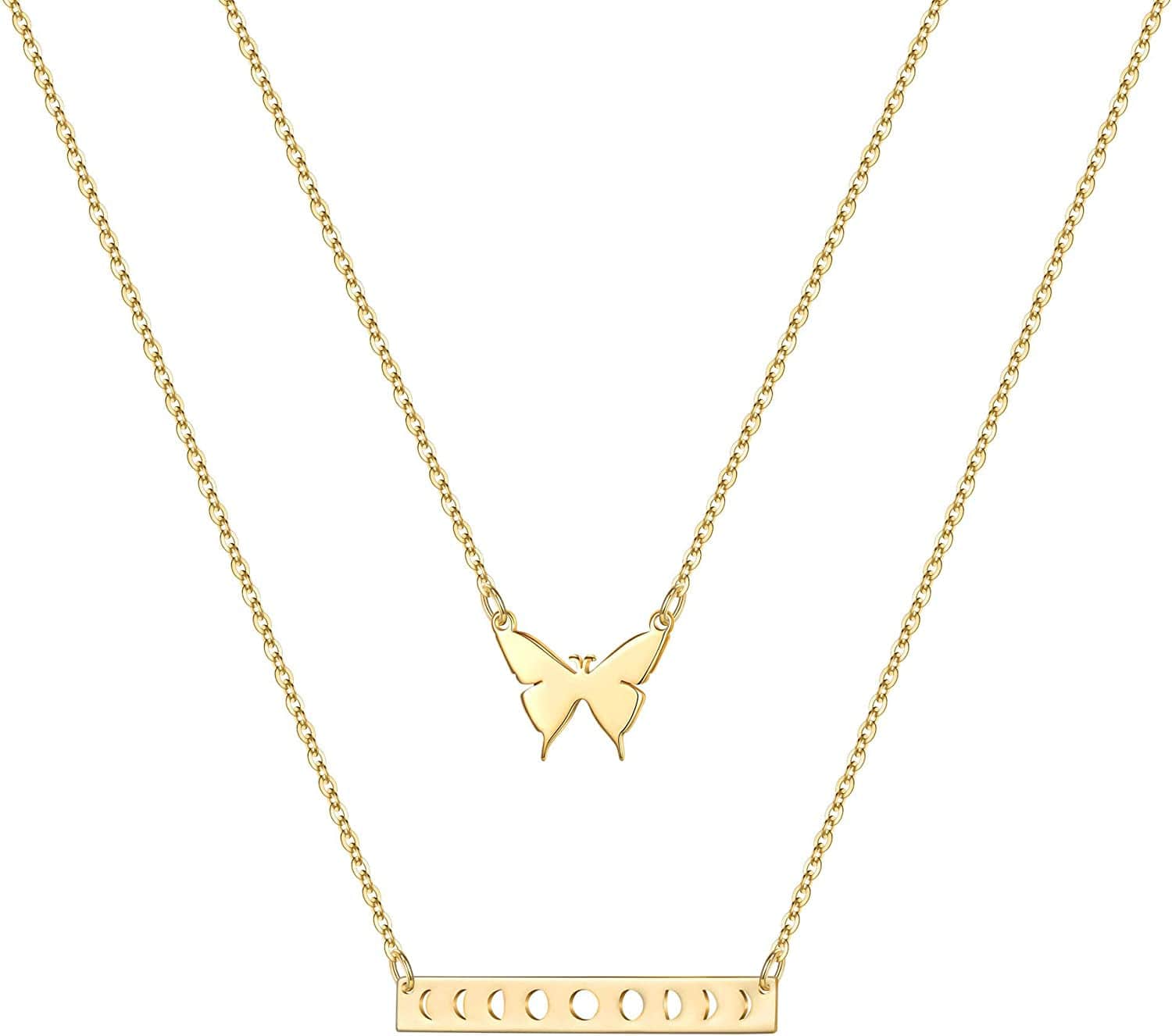 Turandoss Gold Layered Necklaces for Women - 14K Gold Plated Handmade Multilayer Bar Pearls Coin Disc Moon Butterfly Medallion Adjustable Dainty Layered Choker Necklaces for Women Jewelry 2PCS - Butterfly&Bar