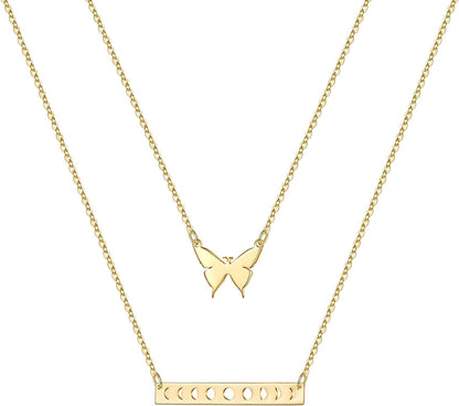 Turandoss Gold Layered Necklaces for Women - 14K Gold Plated Handmade Multilayer Bar Pearls Coin Disc Moon Butterfly Medallion Adjustable Dainty Layered Choker Necklaces for Women Jewelry 2PCS - Butterfly&Bar