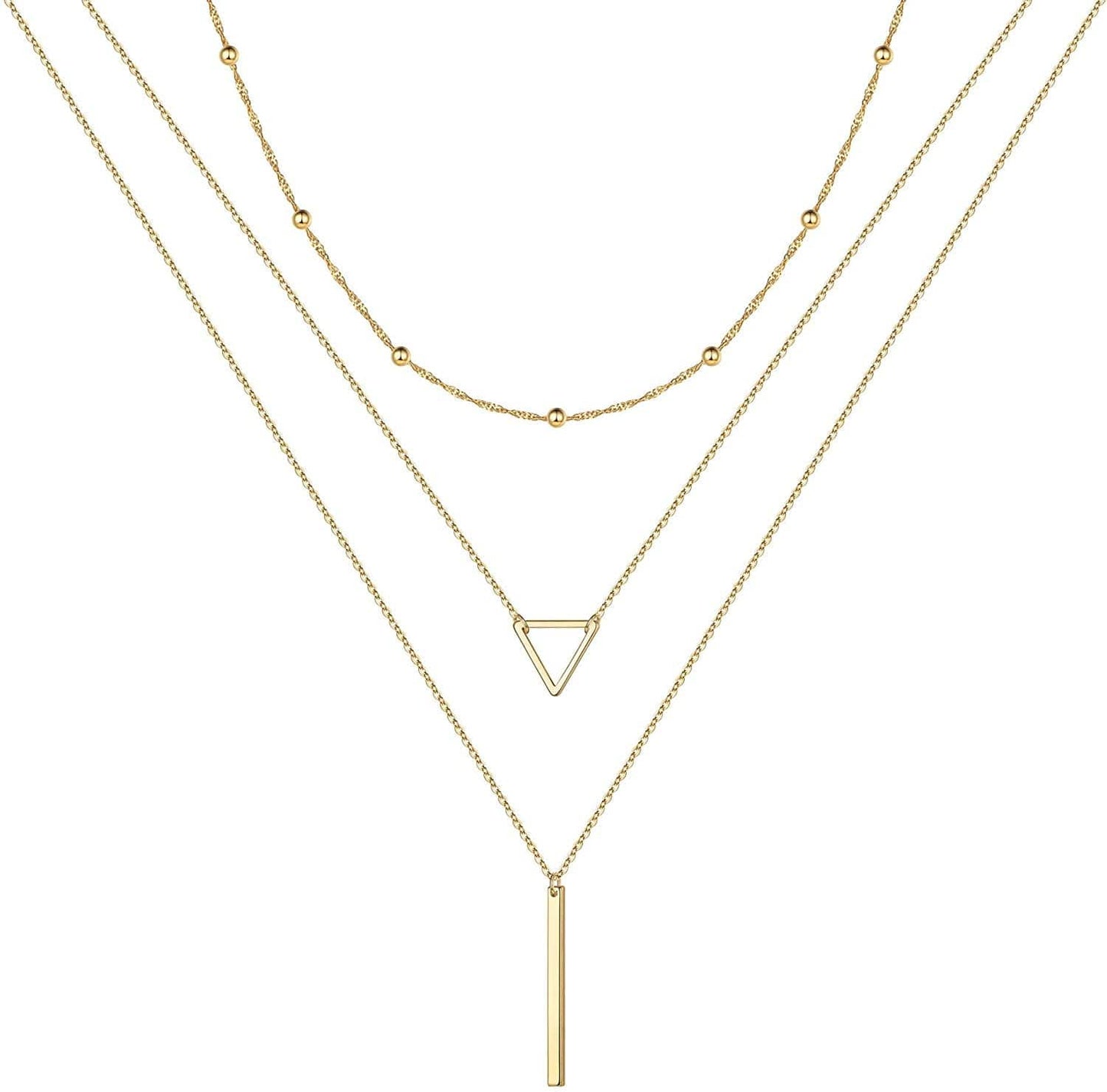 Turandoss Gold Layered Necklaces for Women - 14K Gold Plated Handmade Multilayer Bar Pearls Coin Disc Moon Butterfly Medallion Adjustable Dainty Layered Choker Necklaces for Women Jewelry "3PCS - Chain&Triangle&Bar