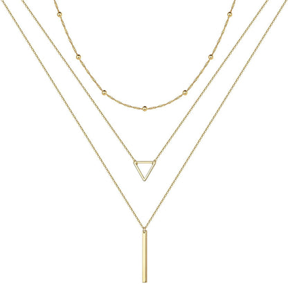 Turandoss Gold Layered Necklaces for Women - 14K Gold Plated Handmade Multilayer Bar Pearls Coin Disc Moon Butterfly Medallion Adjustable Dainty Layered Choker Necklaces for Women Jewelry "3PCS - Chain&Triangle&Bar