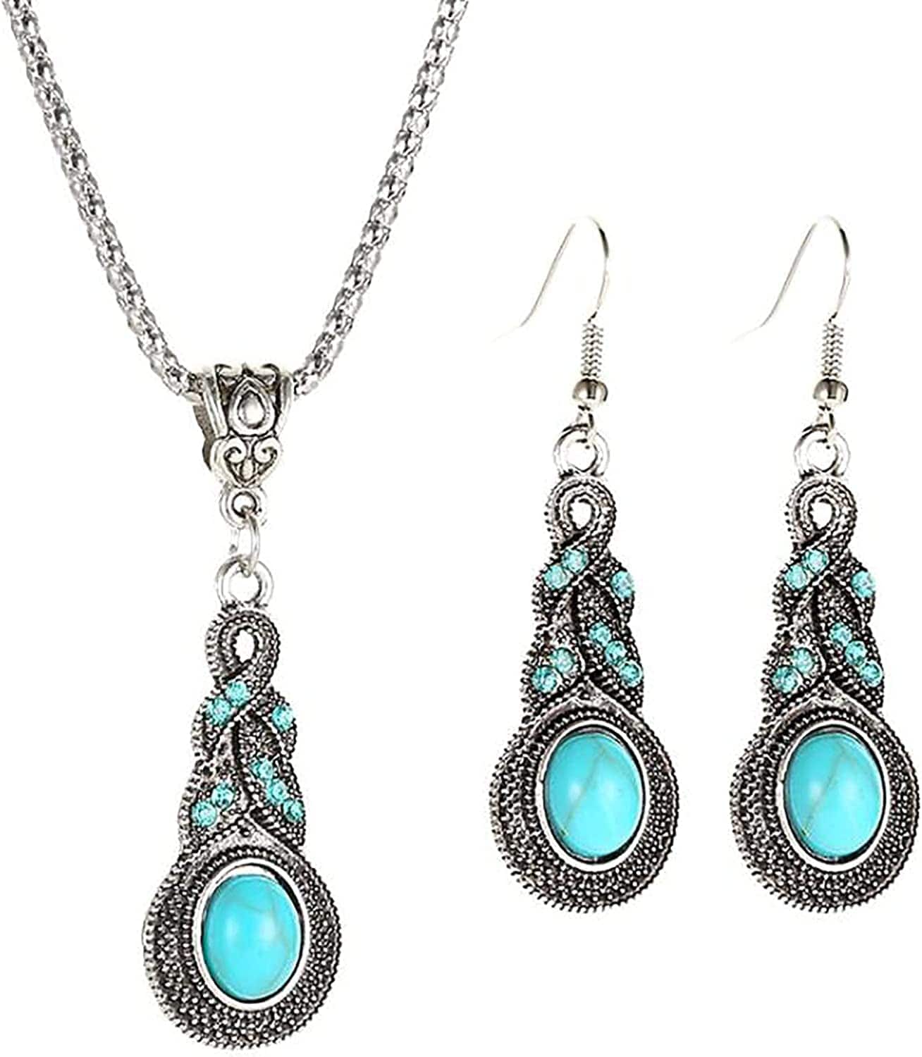 Turquoise Jewelry Sets Bohemian Pendant Necklace Earrings Western Costume Jewelry for Women Girls Blue A