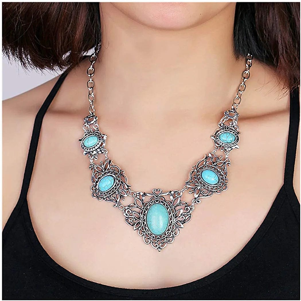 Turquoise Jewelry Sets Bohemian Pendant Necklace Earrings Western Costume Jewelry for Women Girls