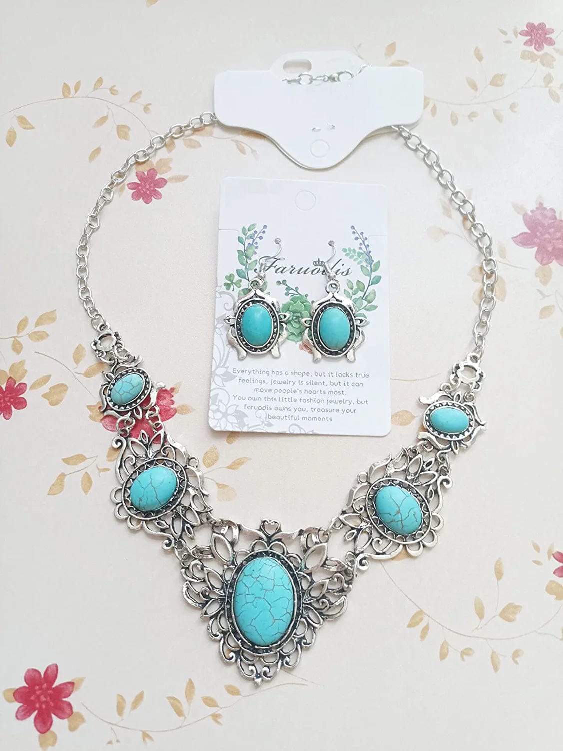 Turquoise Jewelry Sets Bohemian Pendant Necklace Earrings Western Costume Jewelry for Women Girls