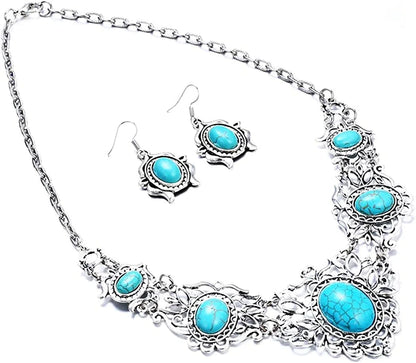 Turquoise Jewelry Sets Bohemian Pendant Necklace Earrings Western Costume Jewelry for Women Girls