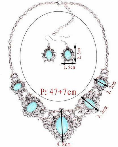 Turquoise Jewelry Sets Bohemian Pendant Necklace Earrings Western Costume Jewelry for Women Girls