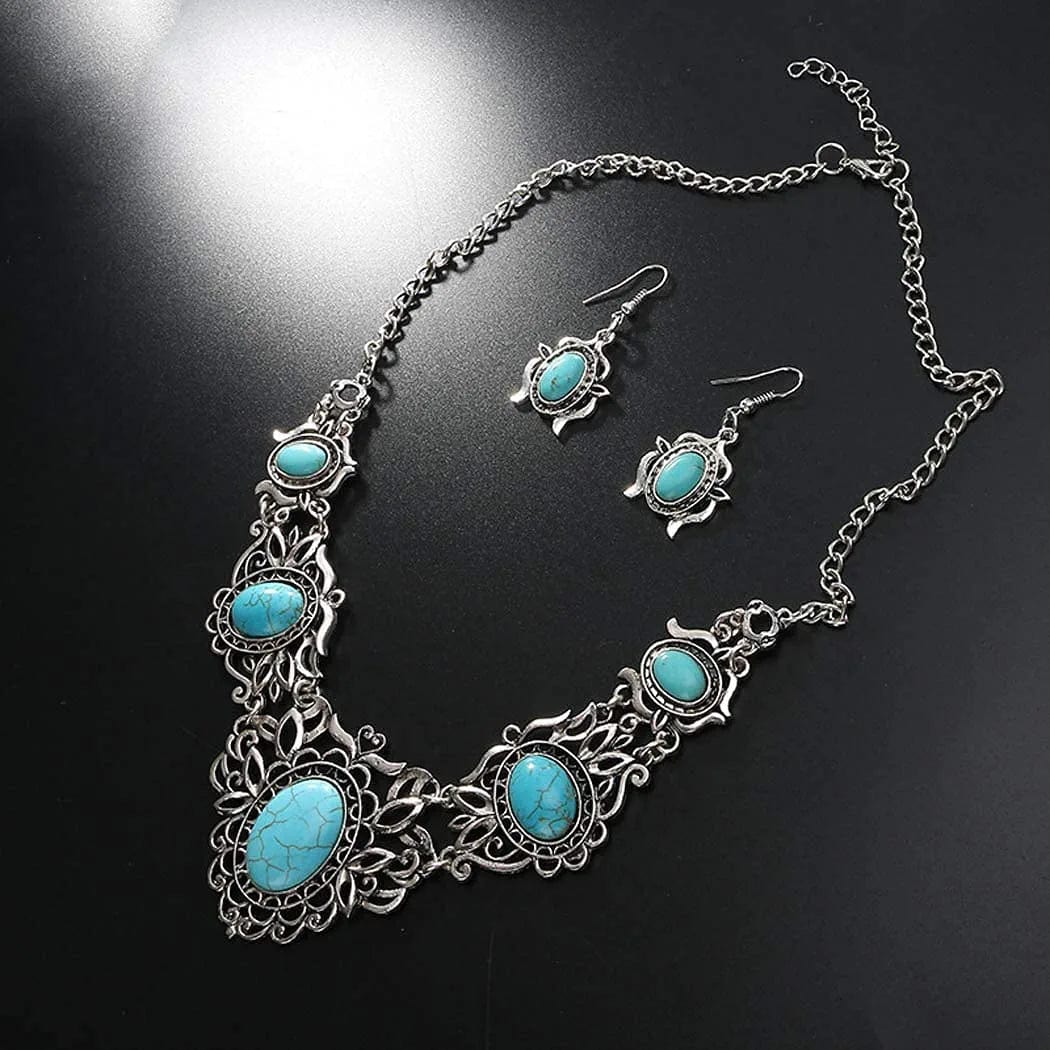 Turquoise Jewelry Sets Bohemian Pendant Necklace Earrings Western Costume Jewelry for Women Girls