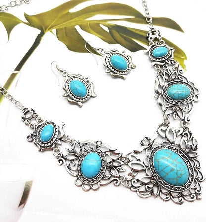 Turquoise Jewelry Sets Bohemian Pendant Necklace Earrings Western Costume Jewelry for Women Girls