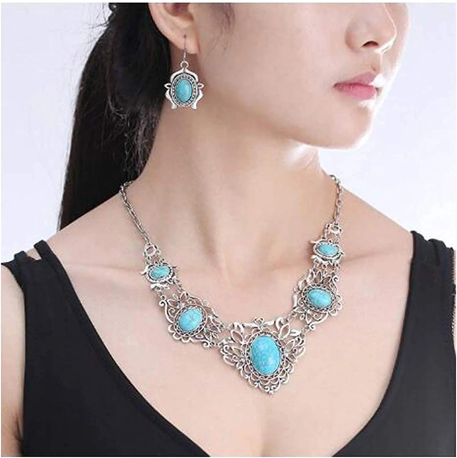 Turquoise Jewelry Sets Bohemian Pendant Necklace Earrings Western Costume Jewelry for Women Girls