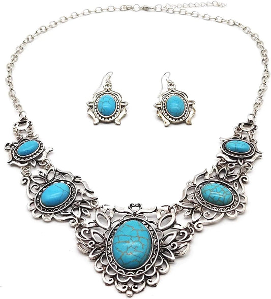 Turquoise Jewelry Sets Bohemian Pendant Necklace Earrings Western Costume Jewelry for Women Girls Blue C
