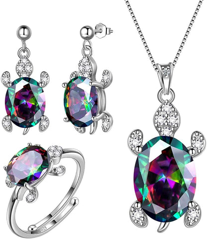 Tutrle Jewelry 925 Sterling Silver Women Sea Animal Turtle Necklace/Earring/Ring/Bracelet Crystal Cubic Zirconia Jewelry Rainbow-3 / Silver