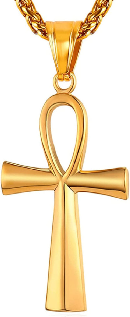 U7 Ancient Egypt Africa Jewelry Platinum 18K Gold Plated Ankh Cross Pendant, Africa Map Necklace, Pharaoh Pendants with Chain Ankh Cross-Gold