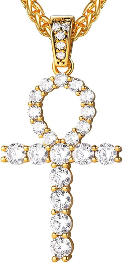 U7 Ancient Egypt Africa Jewelry Platinum 18K Gold Plated Ankh Cross Pendant, Africa Map Necklace, Pharaoh Pendants with Chain Crystal Ankh-Gold