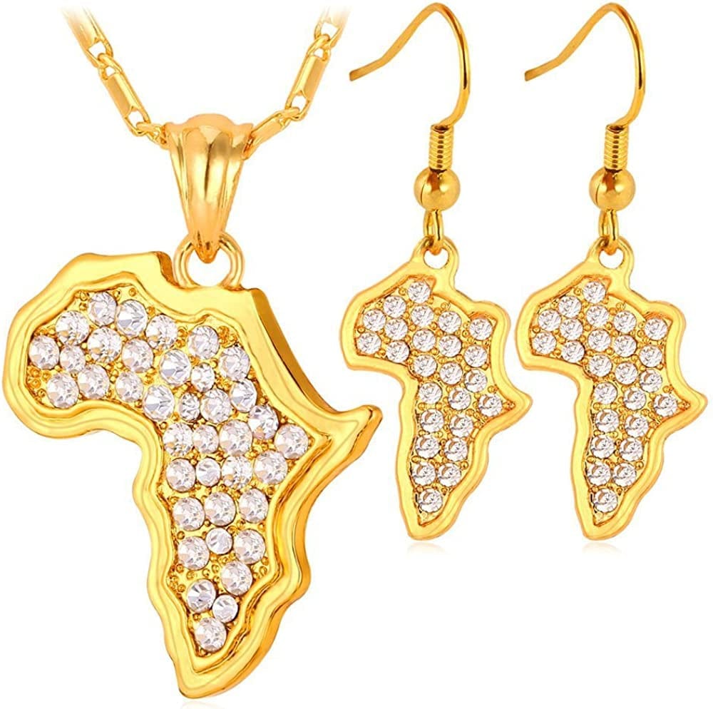 U7 Ancient Egypt Africa Jewelry Platinum 18K Gold Plated Ankh Cross Pendant, Africa Map Necklace, Pharaoh Pendants with Chain CZ Map Necklace+Earrings-Gold
