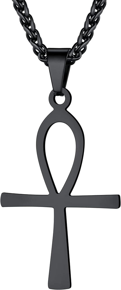 U7 Ancient Egypt Africa Jewelry Platinum 18K Gold Plated Ankh Cross Pendant, Africa Map Necklace, Pharaoh Pendants with Chain Flat Ankh-Black