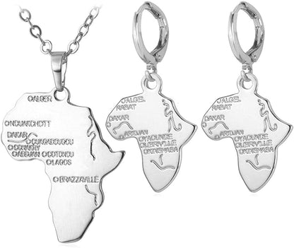 U7 Ancient Egypt Africa Jewelry Platinum 18K Gold Plated Ankh Cross Pendant, Africa Map Necklace, Pharaoh Pendants with Chain Map Necklacec+Earrings-Platinum