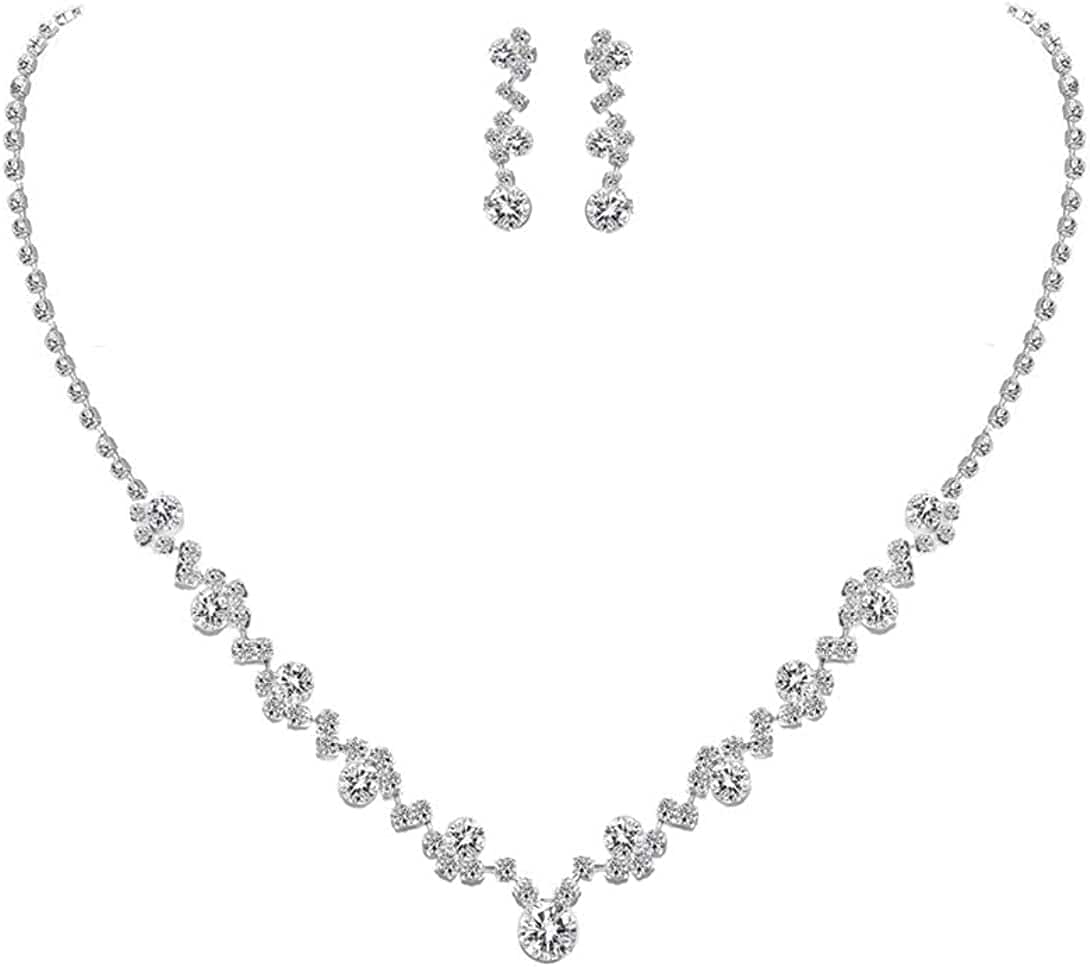 UDORA Crystal Rhinestone Necklace Earrings Bracelet Jewelry Set Wedding Prom 2 SET-Silver