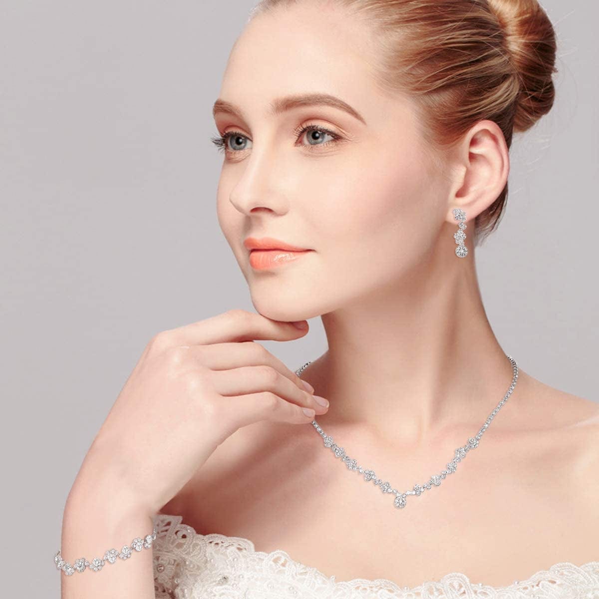 UDORA Crystal Rhinestone Necklace Earrings Bracelet Jewelry Set Wedding Prom