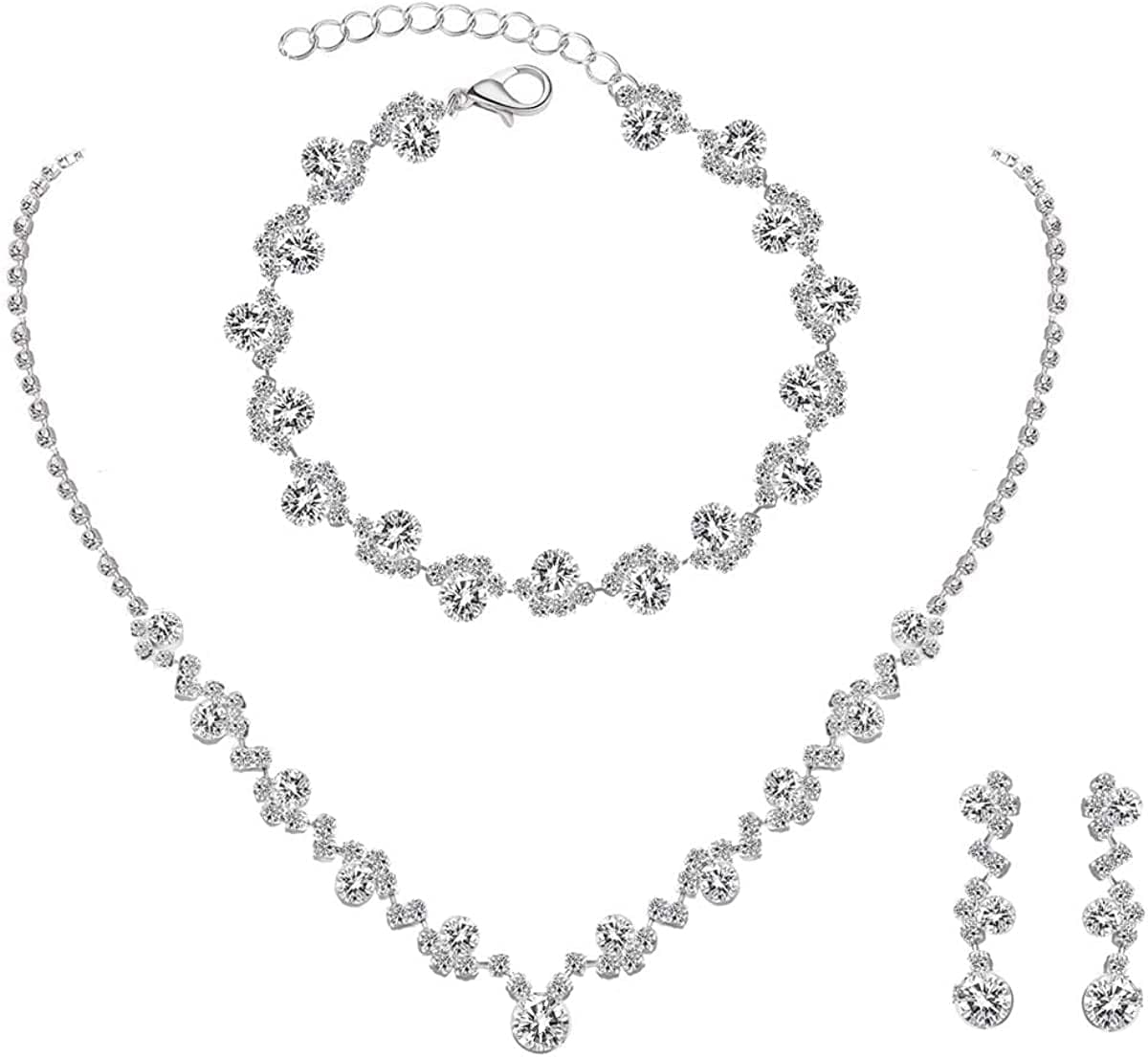 UDORA Crystal Rhinestone Necklace Earrings Bracelet Jewelry Set Wedding Prom Silver