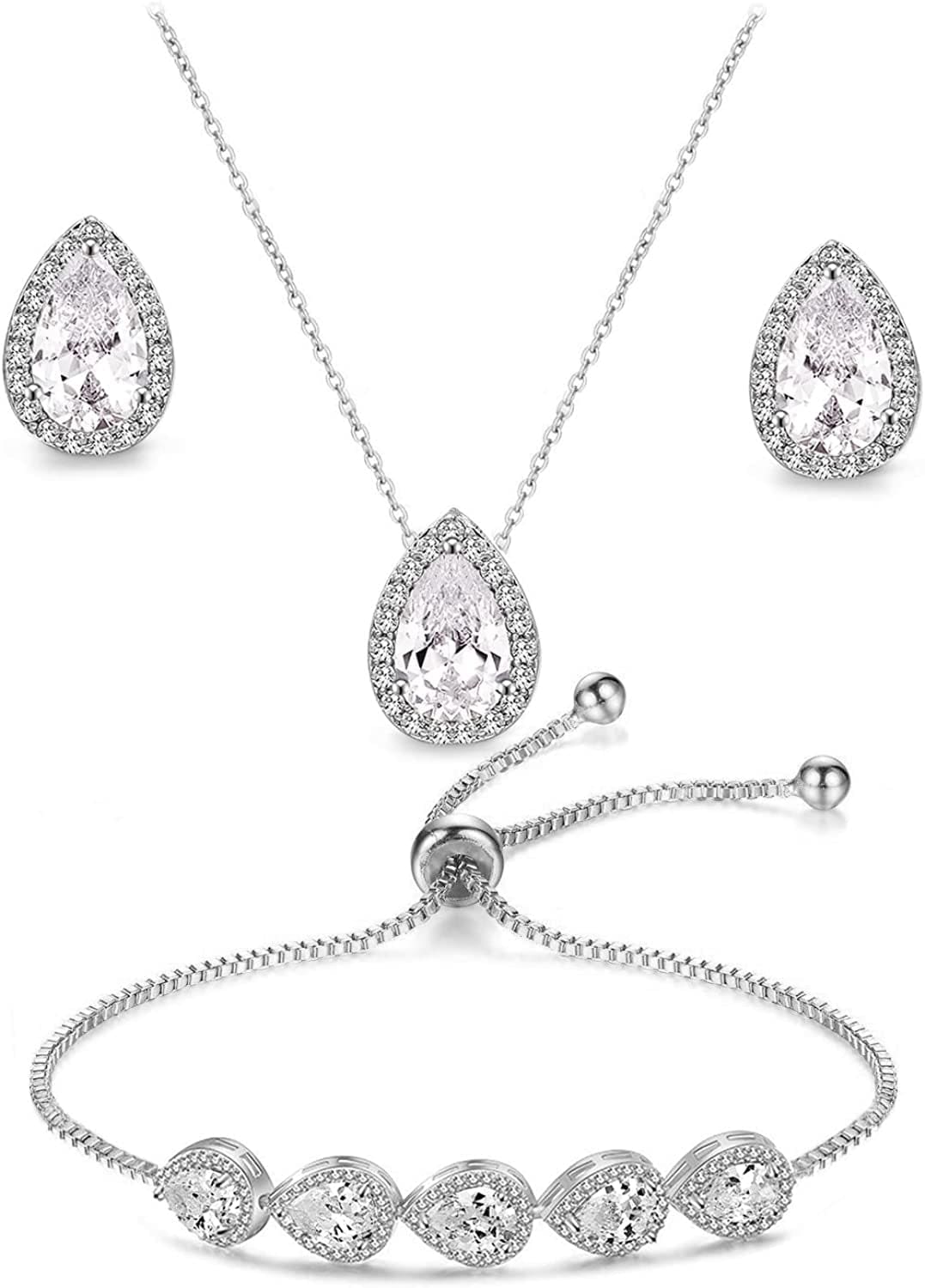 UDORA Zirconia Teardrop Necklace Earrings Bracelet Jewelry Set Wedding Party Prom White Gold