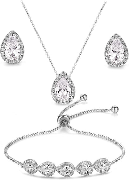 UDORA Zirconia Teardrop Necklace Earrings Bracelet Jewelry Set Wedding Party Prom White Gold