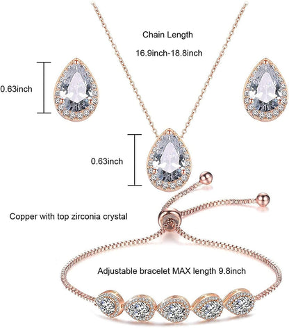 UDORA Zirconia Teardrop Necklace Earrings Bracelet Jewelry Set Wedding Party Prom