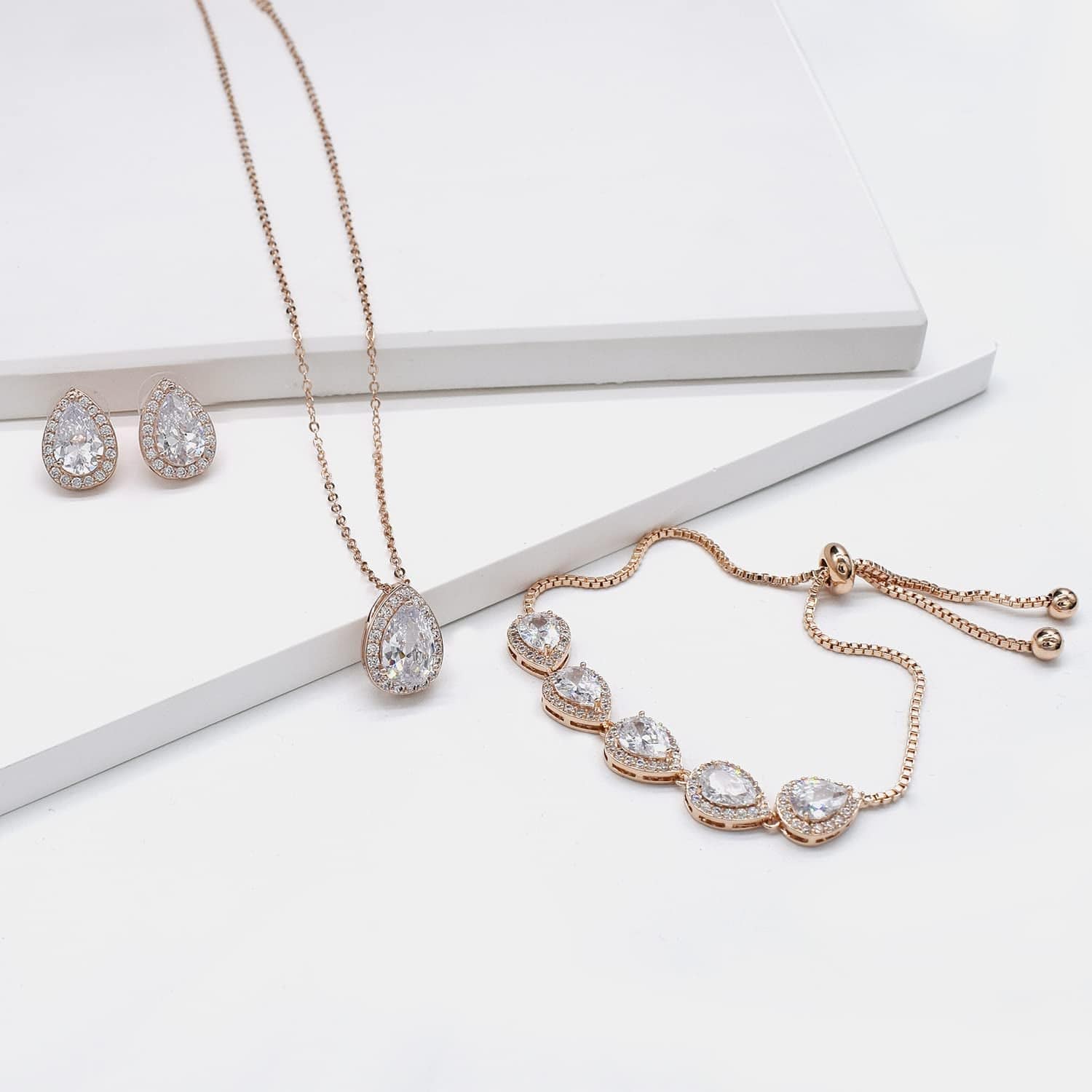 UDORA Zirconia Teardrop Necklace Earrings Bracelet Jewelry Set Wedding Party Prom