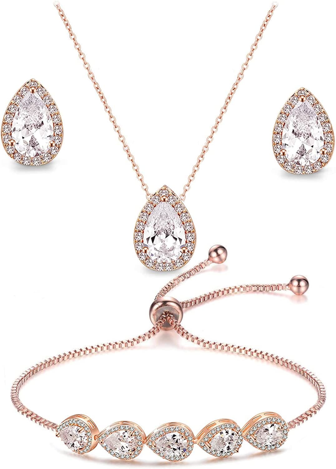 UDORA Zirconia Teardrop Necklace Earrings Bracelet Jewelry Set Wedding Party Prom Rose Gold