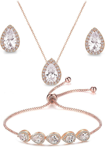 UDORA Zirconia Teardrop Necklace Earrings Bracelet Jewelry Set Wedding Party Prom Rose Gold