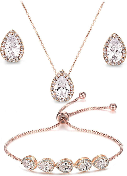 UDORA Zirconia Teardrop Necklace Earrings Bracelet Jewelry Set Wedding Party Prom Rose Gold