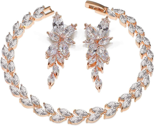 UDYLGOON Women Bridal Bridesmaid Jewelry Set for Bride Wedding Zirconia Crystal Earrings Bracelet Set Rose Gold