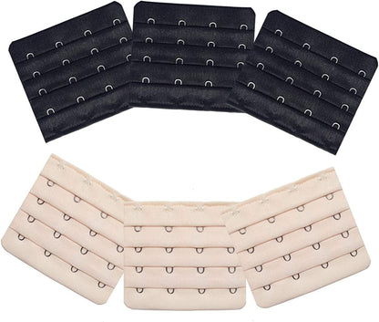 Ultra Soft Bra Extender Band Breathing Room 4 Rows Hook & Eye Extension Strap 4 Hooks (6pcs/Pack, Black & Light Beige)