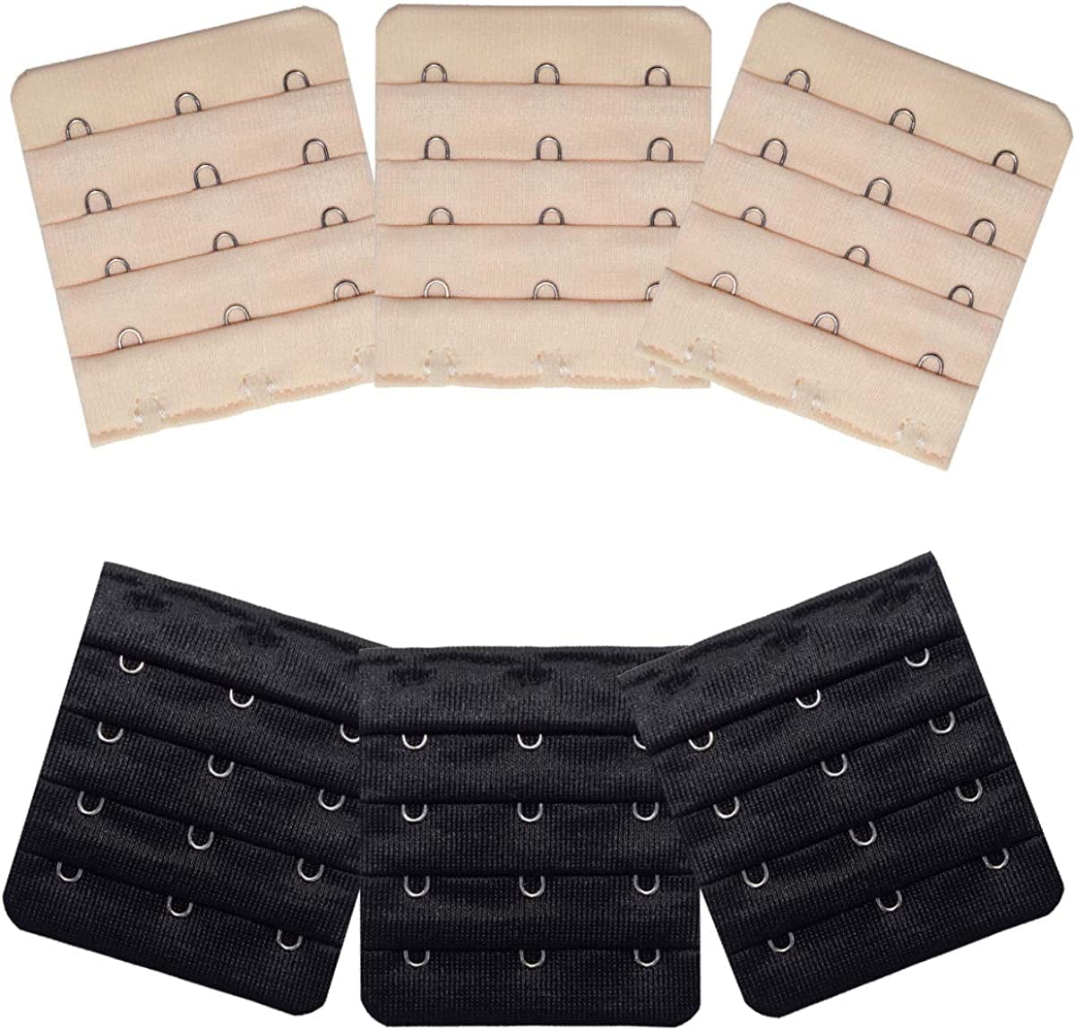 Ultra Soft Bra Extender Band Breathing Room 4 Rows Hook & Eye Extension Strap 3 Hooks (6pcs/Pack, Black & Light Beige)
