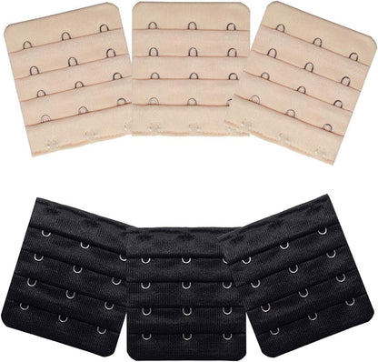Ultra Soft Bra Extender Band Breathing Room 4 Rows Hook & Eye Extension Strap 3 Hooks (6pcs/Pack, Black & Light Beige)