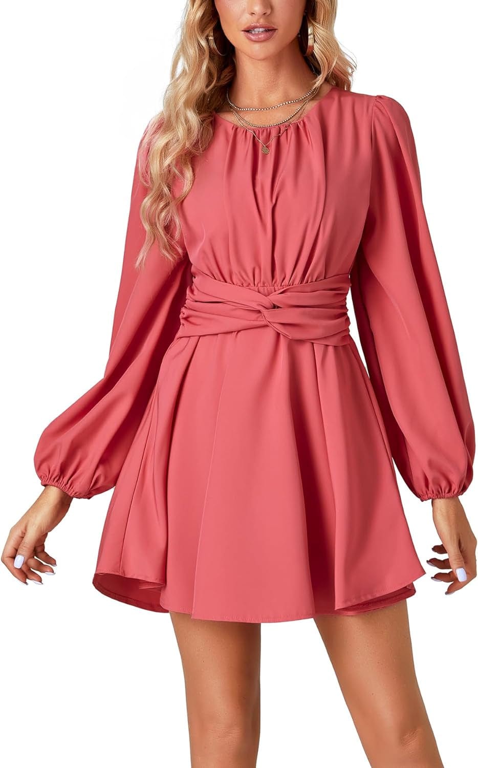 Umenlele Women'S Lantern Long Sleeve Twist Knot Tie Waist Crewneck Flowy a Line Short Mini Dress